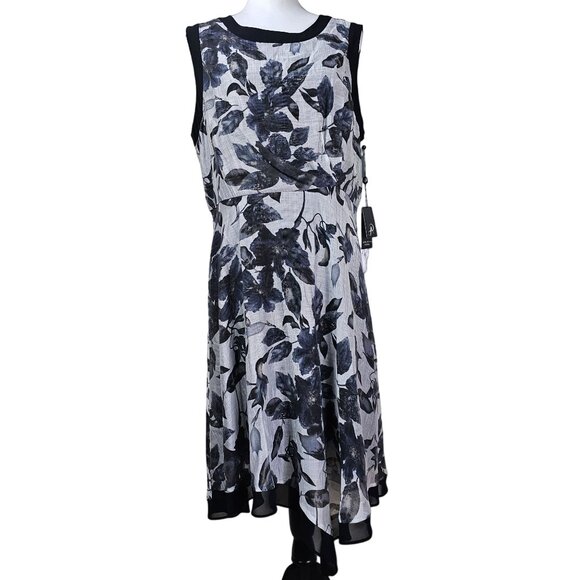 Adrianna Papell Black & Gray Floral Sleeveless Midi Dress Sz 14 Asymmetrical Hem - Picture 1 of 14
